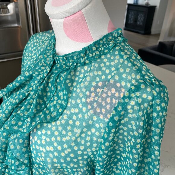 Cream CRKinia SS Puff Floral Button Down Blouse w Front Frill Green & Yel Sz 36 - Picture 5 of 13